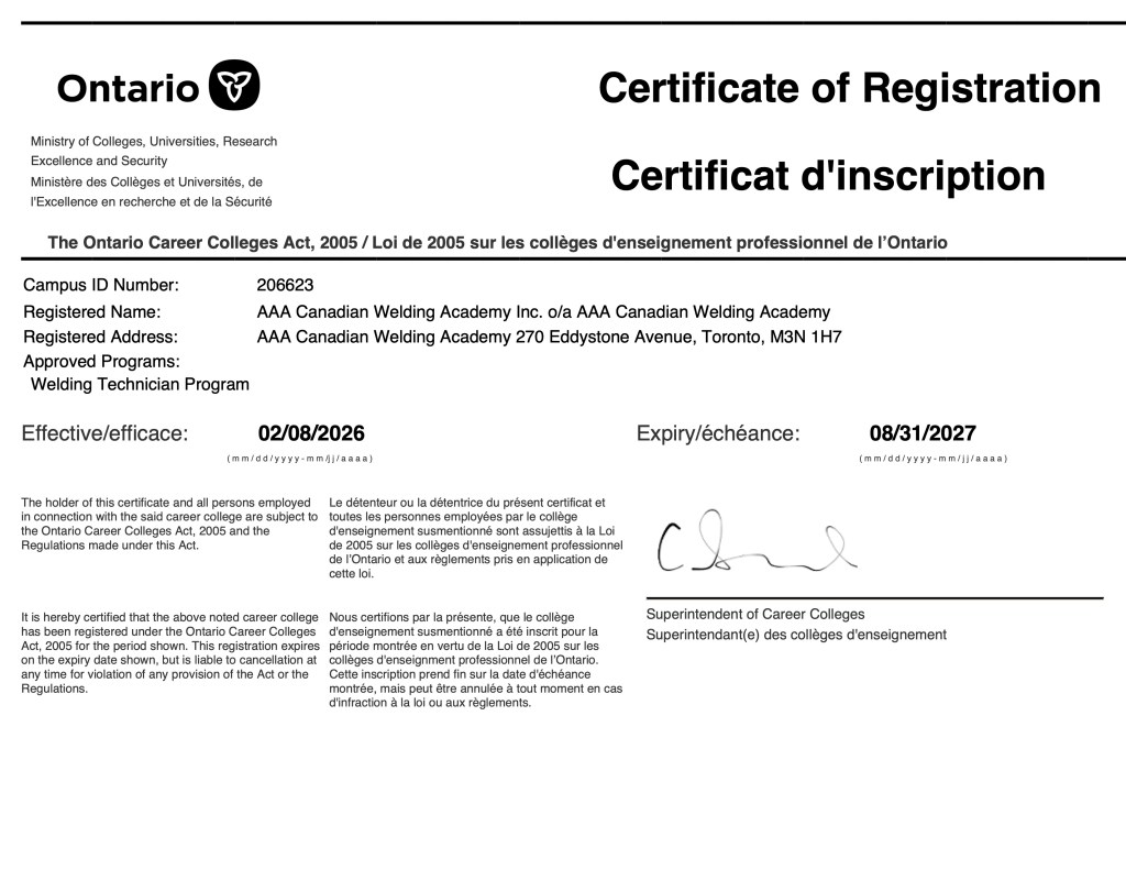 Ontario Certificate of Registration for AAA Canadian Welding Academy
