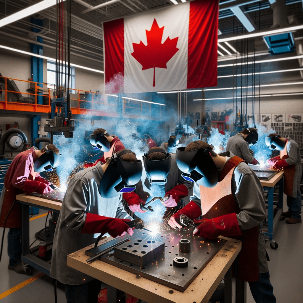 Welding students training at AAA Canadian Welding Academy with Canadian flag